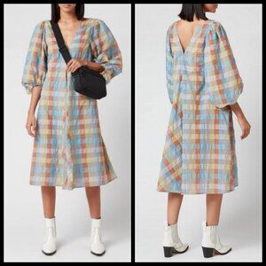 💕GANNI💕 Seersucker Check Dress ~ Midi Tent Plaid Picnic Balloon Sleeve Size 40